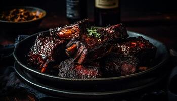 ai generado A la parrilla carne en un rústico lámina, cocido a perfección generado por ai foto