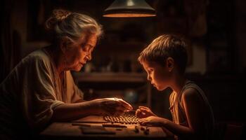 ai generado un multi Generacion familia sentado juntos, sonriente, jugando, y aprendizaje adentro generado por ai foto