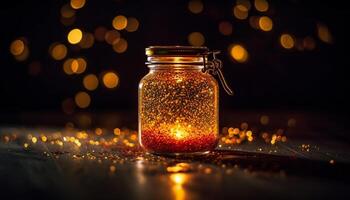 ai generado gastrónomo postre en rústico mesa, brillante con dorado otoño calor generado por ai foto