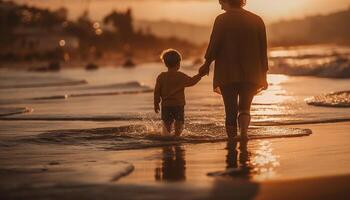 AI generated Family enjoying a sunset walk on the beach, embracing happiness together generated by AI photo