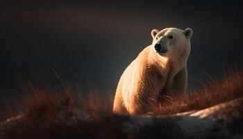 ai generado linda mamífero sentado en césped, mirando a cámara en puesta de sol generado por ai foto