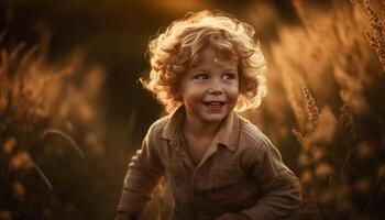 ai generado sonriente niño al aire libre, felicidad en naturaleza, alegre uno persona generado por ai foto