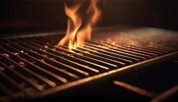 AI generated Glowing flame ignites metal grill, creating a fiery inferno generated by AI photo