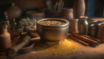 AI generated Wooden bowl holds fresh spices on rustic kitchen table indoors generated by AI photo