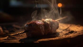 ai generado A la parrilla carne en un brocheta, fuego y fumar crear gastrónomo comida generado por ai foto