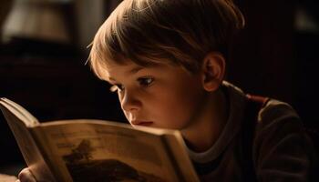 ai generado un linda caucásico niño leyendo un libro, aprendizaje y estudiando generado por ai foto