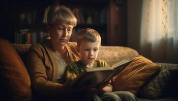 ai generado infancia unión Niños lectura, aprendiendo, y jugando en sofá juntos generado por ai foto