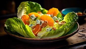 ai generado frescura y salud en un plato ensalada, verdura, orgánico, vegetariano, hoja generado por ai foto
