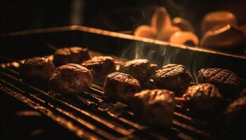 ai generado A la parrilla carne en un parilla, llamas y fumar crear calor generado por ai foto