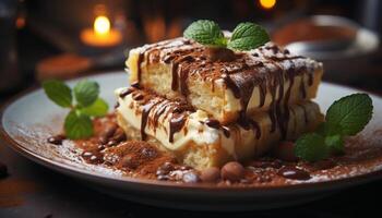 ai generado gastrónomo chocolate postre con menta hoja en un de madera plato generado por ai foto