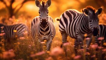 AI generated African zebra herd standing in the savannah, looking at camera generated by AI photo