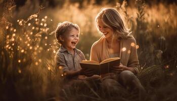 ai generado niño leyendo libro, familia sonriente, Niños al aire libre, caucásico etnia unión generado por ai foto
