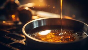 AI generated Close up of hot coffee pouring into a metallic cup on stove generated by AI photo