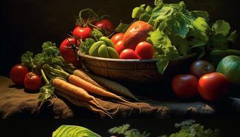 AI generated Fresh organic vegetables in a wooden basket, a healthy meal generated by AI photo