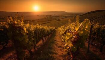 AI generated Grape vineyard in sunset, rural scene, outdoors, autumn farm generated by AI photo