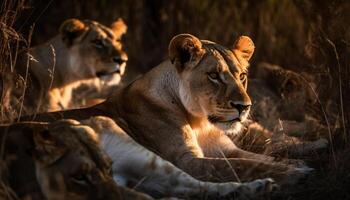 AI generated Majestic lioness resting in the grass, hiding, looking at camera generated by AI photo