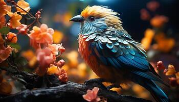 AI generated Vibrant macaw perching on branch, showcasing nature colorful beauty generated by AI photo