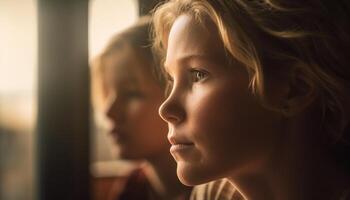 AI generated Cute child looking through window, smiling, surrounded by family love generated by AI photo