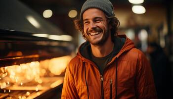 ai generado un alegre joven hombre, sonriente con confianza, disfrutando el noche generado por ai foto