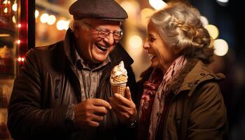 AI generated Smiling couple enjoying winter night, eating ice cream outdoors generated by AI photo