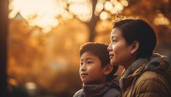 ai generado dos Niños sonriente, abrazando en naturaleza, disfrutando el puesta de sol juntos generado por ai foto