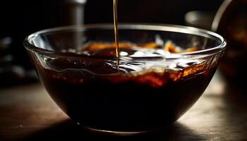 AI generated Refreshing drink poured into glass on wooden table in summer generated by AI photo