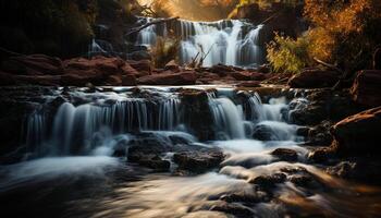 ai generado un majestuoso cascada fluye mediante un lozano verde tropical selva generado por ai foto