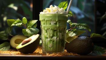 AI generated Fresh avocado slice on a wooden table, a healthy summer snack generated by AI photo