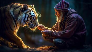 AI generated A man and a tiger sitting in the forest, playing generated by AI photo