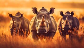 ai generado elefantes pasto en el africano sabana a puesta de sol generado por ai foto