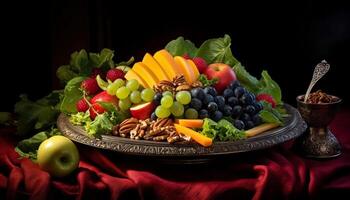 ai generado Fresco Fruta ensalada en de madera mesa, un sano gastrónomo postre generado por ai foto