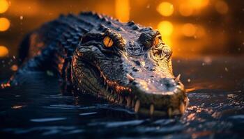 AI generated Large crocodile in the dark swamp, its teeth ready to strike generated by AI photo