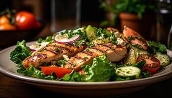 ai generado A la parrilla pollo ensalada, un sano gastrónomo comida en un plato generado por ai foto