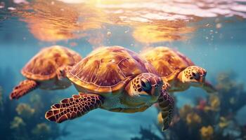 AI generated A cute green sea turtle swimming in the underwater paradise generated by AI photo