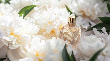 AI generated Perfume bottle in flowers, fragrance on blooming background, floral scent and cosmetic product photo