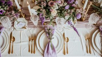 AI generated Wedding decor with lavender theme, floral decoration design and beautiful decor setting arrangement photo