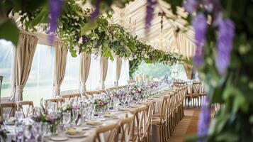 AI generated Wedding decor with lavender theme, floral decoration design and beautiful decor setting arrangement photo