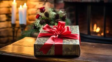 AI generated Christmas gift box near cosy fireplace in the English country cottage, winter holidays, boxing day celebration and holiday shopping photo