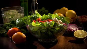 ai generado frescura de orgánico verduras, sano ensalada con tomate y limón generado por ai foto