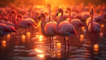 ai generado animales en el salvaje, rosado pico, pluma, puesta de sol reflexión, belleza en naturaleza generado por ai foto