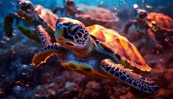 ai generado un hermosa multi de colores mar Tortuga nadando en el submarino arrecife generado por ai foto