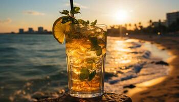 AI generated Refreshing cocktail with ice, lemon, lime, and mint leaf garnish generated by AI photo