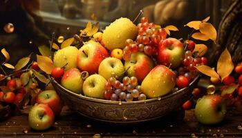 AI generated Fresh apple on wooden table, symbol of healthy autumn harvest generated by AI photo