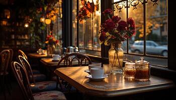 AI generated Wooden table with coffee cup, vase, and flowers in cozy cafe generated by AI photo