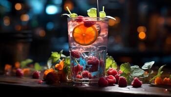 AI generated Fresh fruit cocktail on wooden table, perfect for summer refreshment generated by AI photo