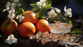 AI generated Fresh citrus fruit on a wooden table, a symbol of summer generated by AI photo