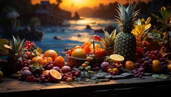 AI generated Freshness of nature bounty pineapple, orange, grape, lemon, lime, apple generated by AI photo