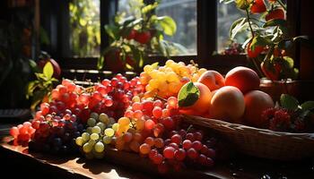 ai generado frescura de naturaleza generosidad maduro, jugoso frutas en un de madera cesta generado por ai foto