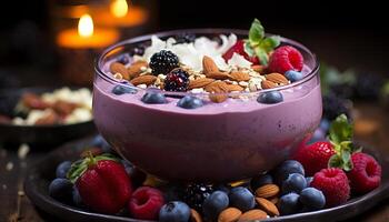 AI generated Freshness in a bowl blueberry, raspberry, yogurt, granola, and strawberry generated by AI photo