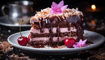 ai generado un rebanada de chocolate pastel con fresa y crema decoración generado por ai foto